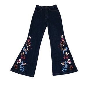 ModCloth Princess Highway Folksy Karina Flare Jeans Size 2 Dark Blue Embroidered